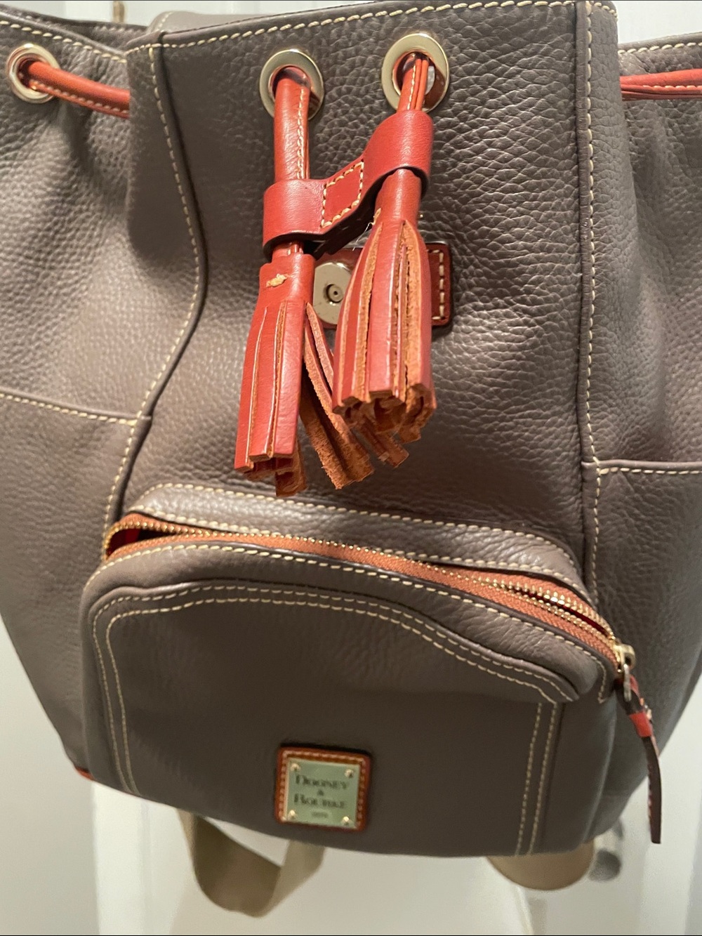 Dooney & Bourke Gray Pebbled Leather Drawstring Backpack with Red Trim